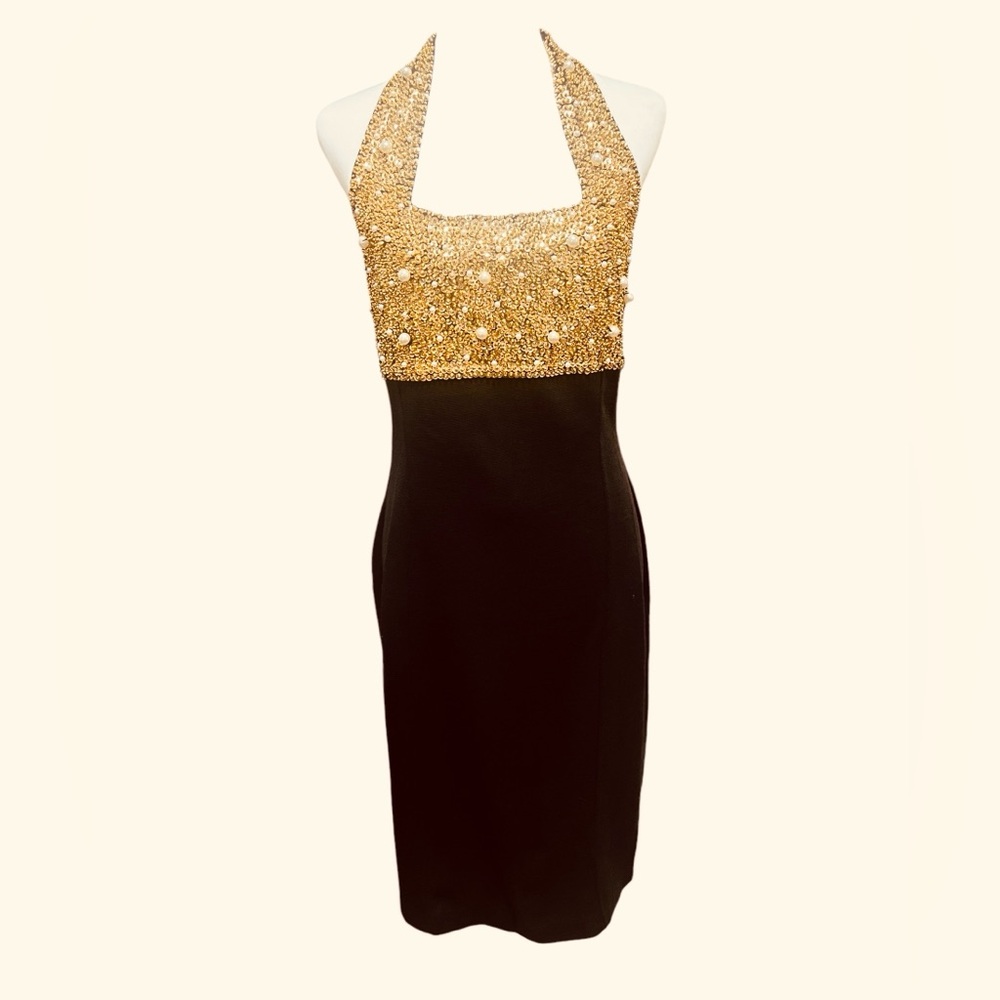 90s Vintage Outlander Black Gold Beaded Halter Dress | Pearl Detail • 90s Glam